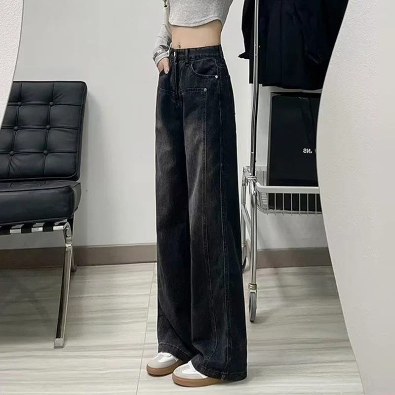 

High Street Lady Solid Casual Thin Jeans Girls Fashion Straight Leg Pants Female Retro High Waist Denim Trousers