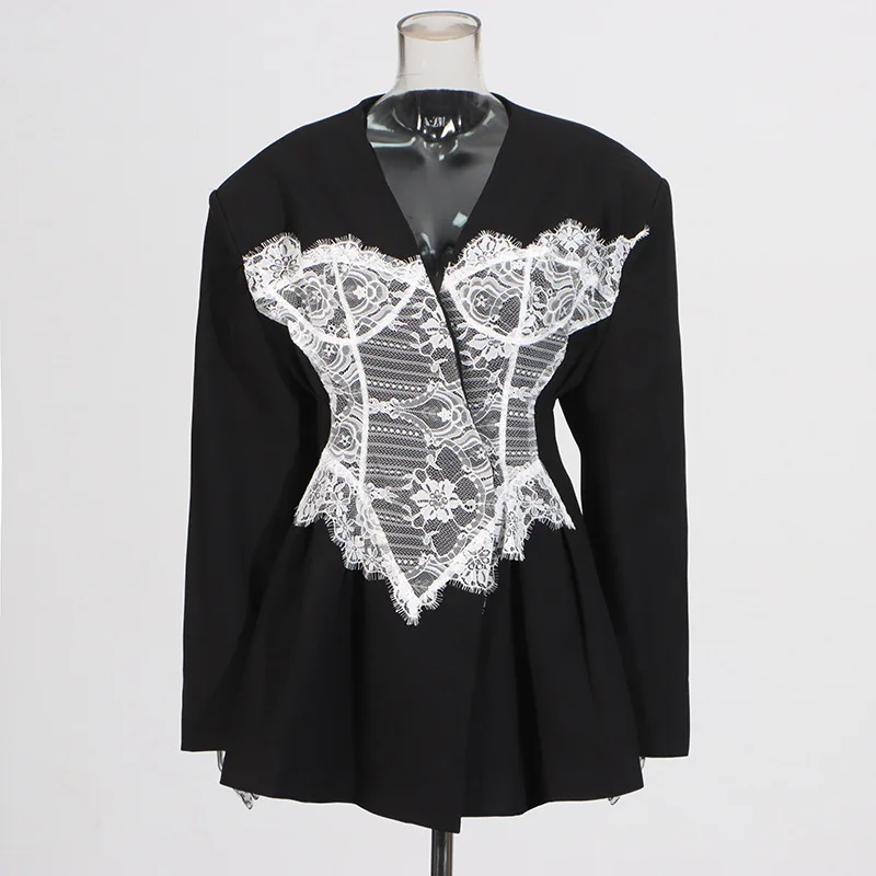 SuperAen European and American Style Blazer Women's 2025 New Lace Splicing Waist Single-breasted Blazer