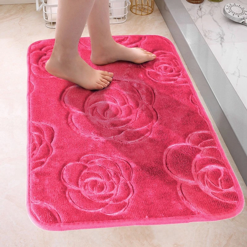 Rose Coral Fleece Bath Floor Mat Soft Absorbent Machine Washable Carpet Shower Doormat Bathroom Rug Quick Dry Non-Slip Area Mat