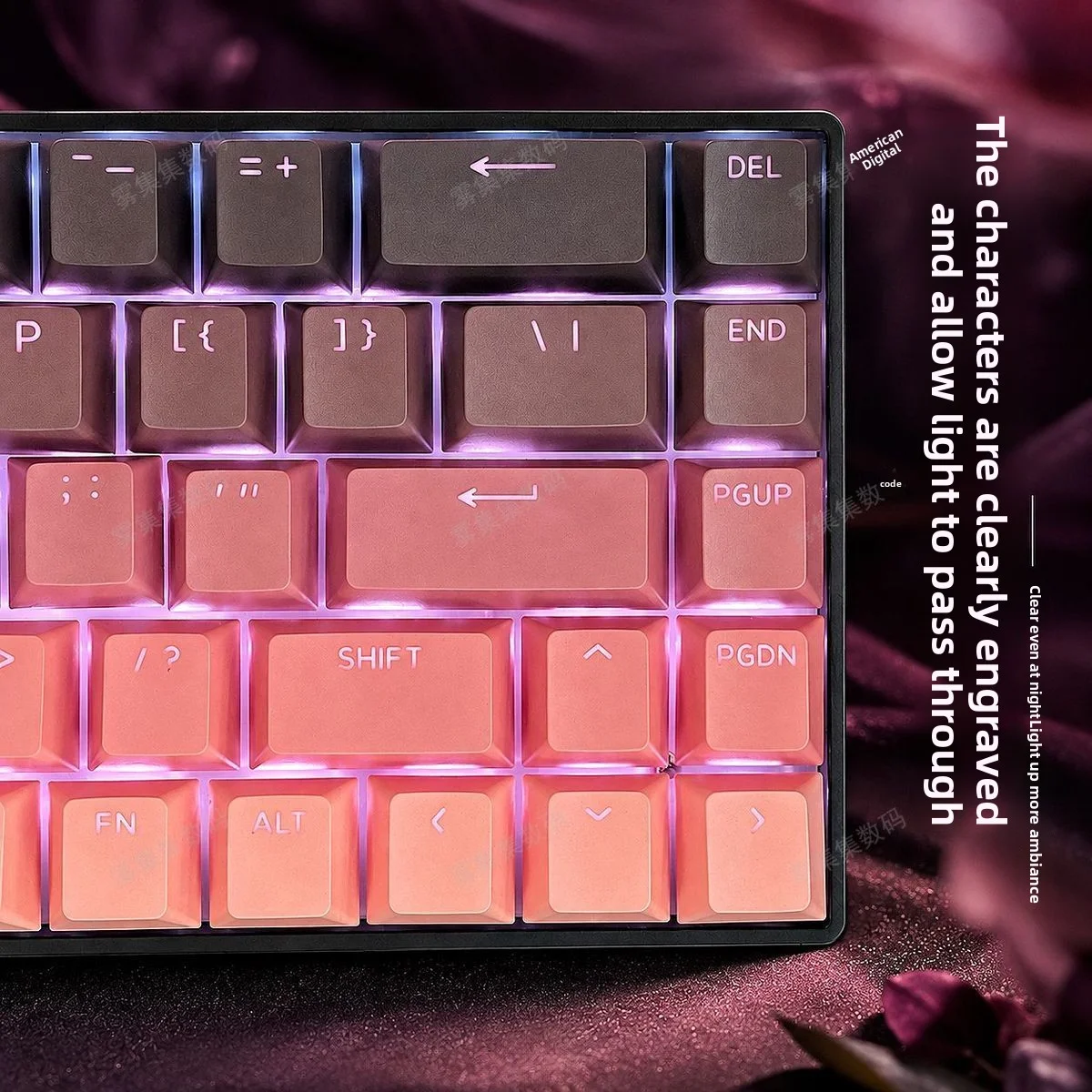 Blackberry gradient keycaps, pink and black color, front-printed and light-transmitting, cross and magnetic switches