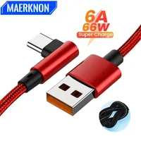 6A 66W 90 Degree Elbow Ultra-Fast Charging Cable Quick Wire For iPhone 14 Samsung Xiaomi 14 USB Type C Braided Data Cable Wire