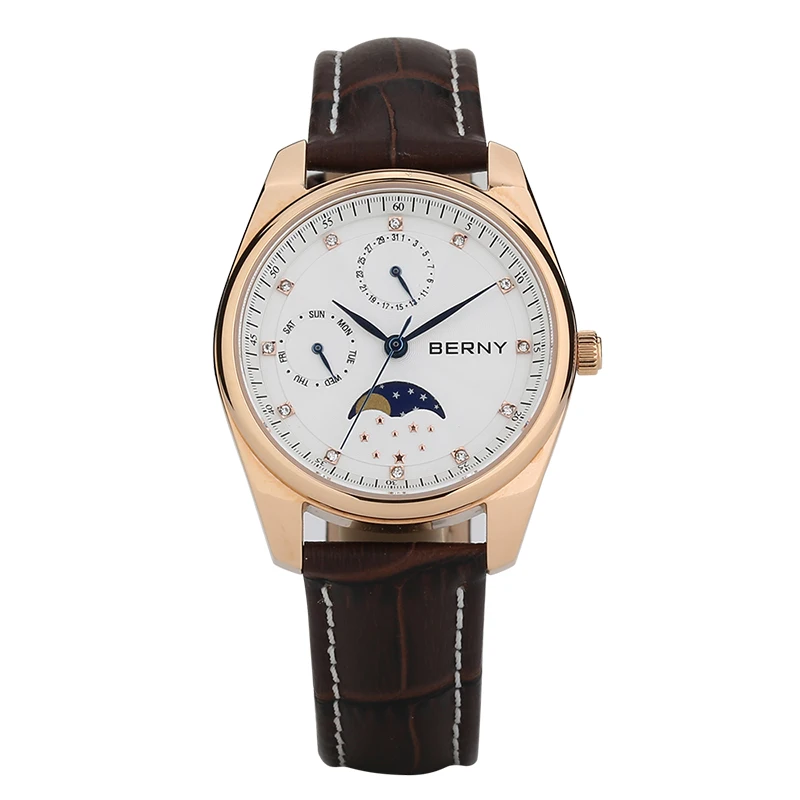 

BERNY Couple Quartz Watch Moon Phase Day Date Calendar Men Wristwatch Leather Men/Women Dress Watch MIYOTA 6P20 Gift Watches