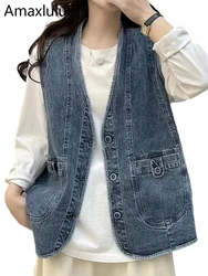 Amax luluE 2024 Spring Sleeveless Clothes Womens Fashion Vintage Denim Vests Ladies Classic Loose Coats Casual V Neck Waistcoats