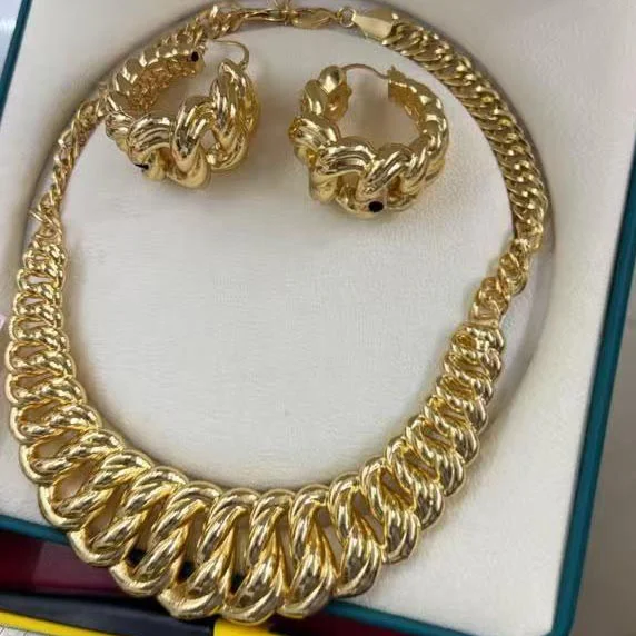 Italian Gold Plated Chunky Cuban Link Jewelry Set for Women Micro Zircon Twist Necklace Bangle Ring Earrings Wedding Party Jewel
