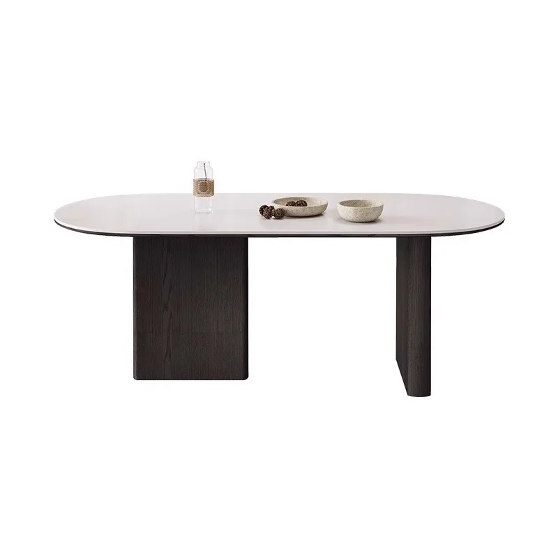French retro semicircular rock slab dining table small apartment Roman column against the wall Peninsula tableCream style black