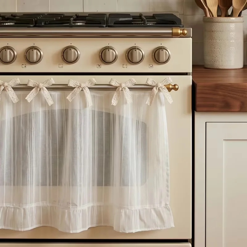 1PC Farmhouse Kitchen Curtain Skirt, Ruffle Appliance Cover with Ribbon Tie, Oven Dishwasher Cabinet Curtain for Rustic Home