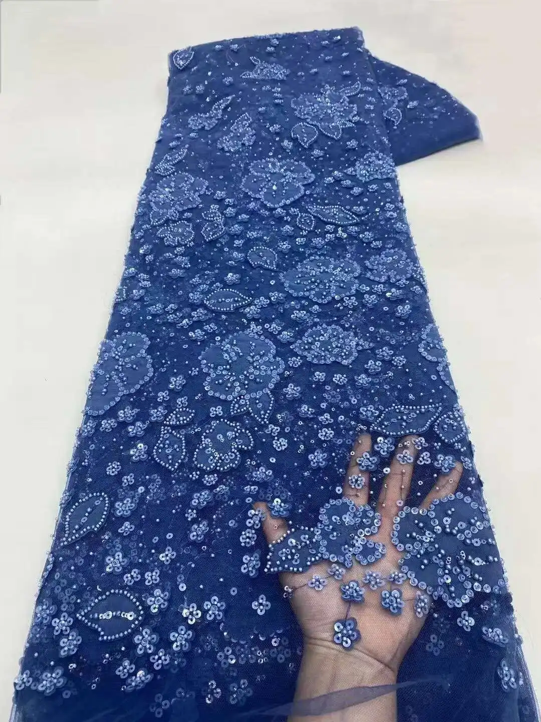 

5yards African Sequins Beads Lace Fabric 2025 High Quality French Mesh Tulle Embroidery Wedding Bridal Lace Material