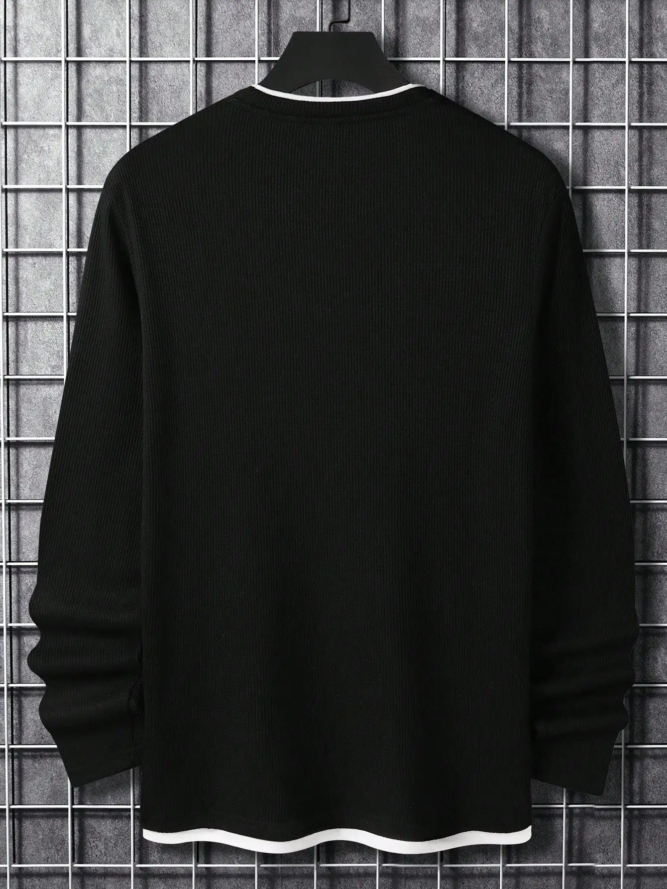 Haut à manches longues en tricot gaufré noir pour homme avec bordure blanche, t-shirt décontracté pour l'automne