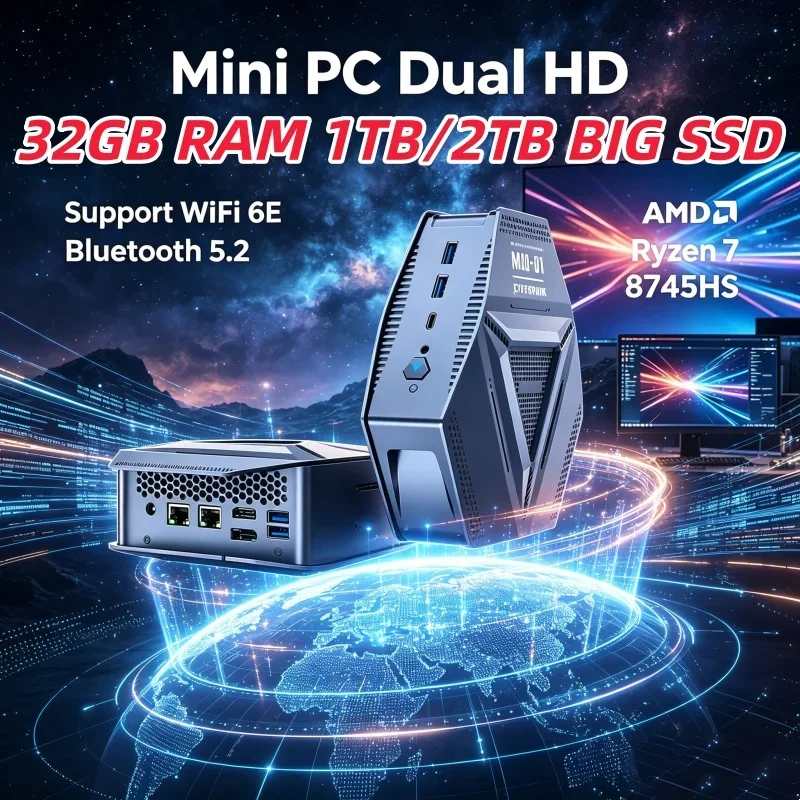 

Scintillant Gaming Mini PC Intel Core AMD Ryzen 7 8745HS WIFI6 Type-C HD DP 2DDR5 Desktop Office/Home PC 4USB3.2 2*2.5G LAN
