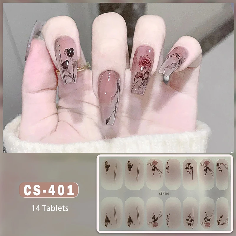 14Tips Nail Stickers Nude Color Adhesive Glitter Foil Waterproof Full Cover Nail Wraps DIY Manicure Arts Decals