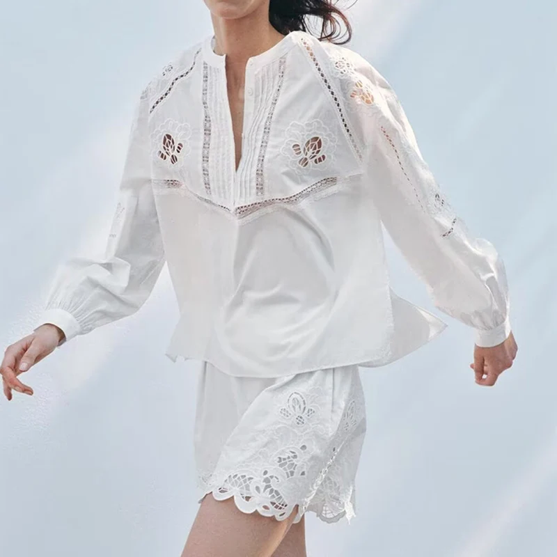 Vertical Lace Embroidery irt ort Set Women's Faion Spring 2025 Polyester Fiber Z Brand Student orm Workwear
