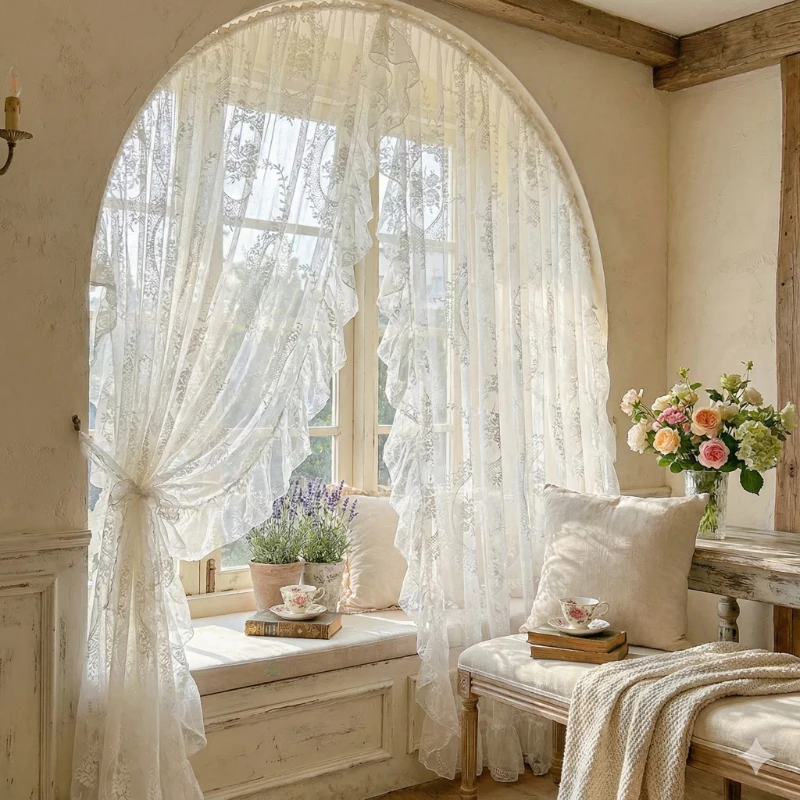French lace no-drill curtain panel - archway/arched door curtain