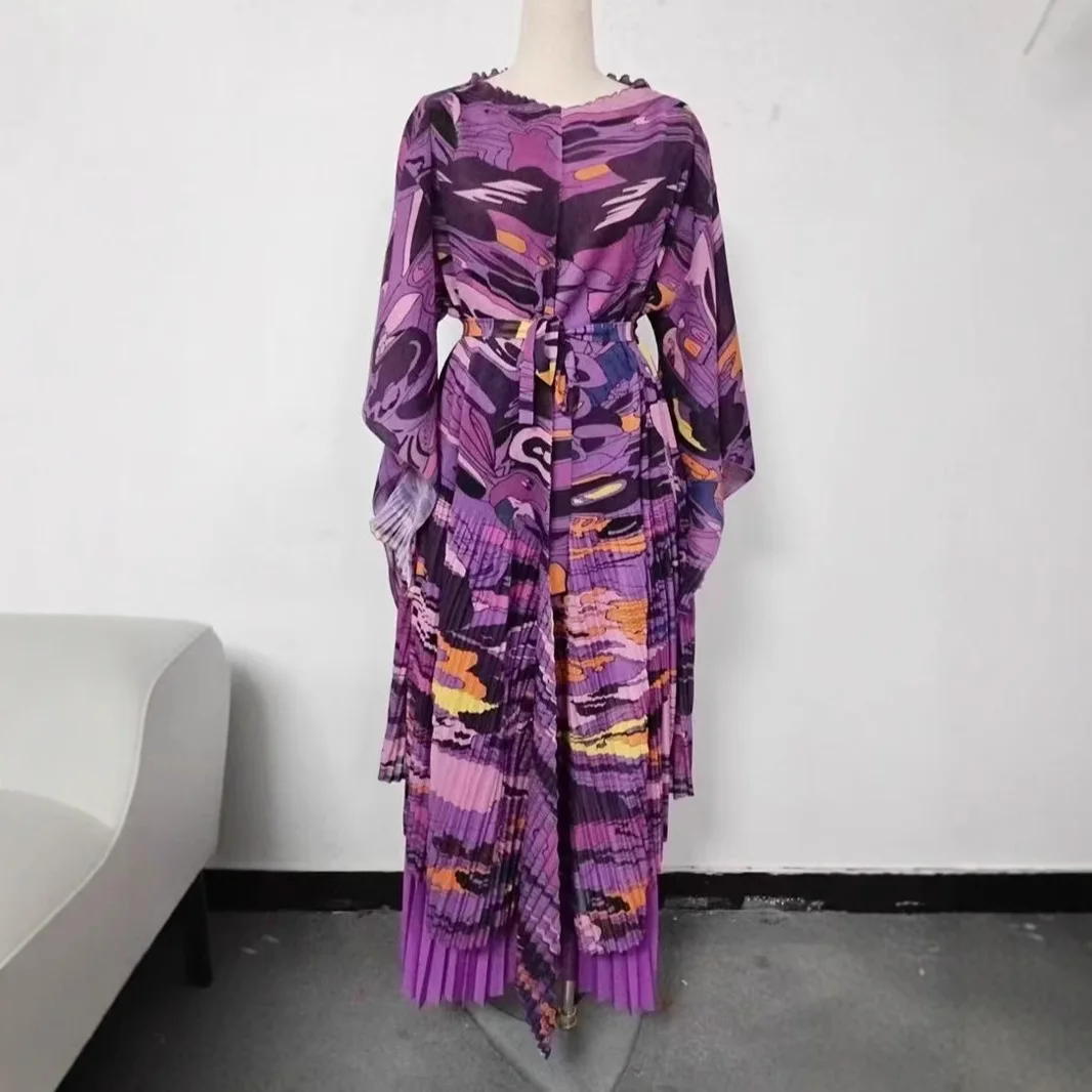 2025 African Miyake Pleated Printed Suit Top + Wide-leg Straight Pants Two-piece Fashion Women's Clothing Summer New