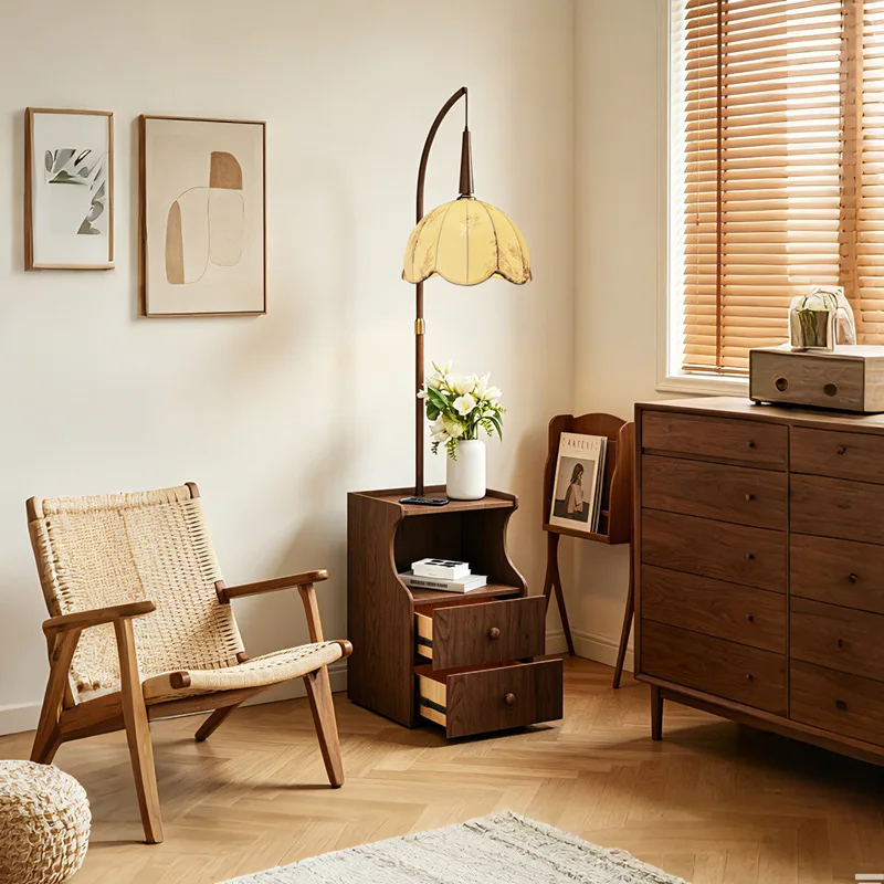 Cream wind white storage function floor lamp bedroom bedside table lamp integrated storage lamp simple designer goose feather
