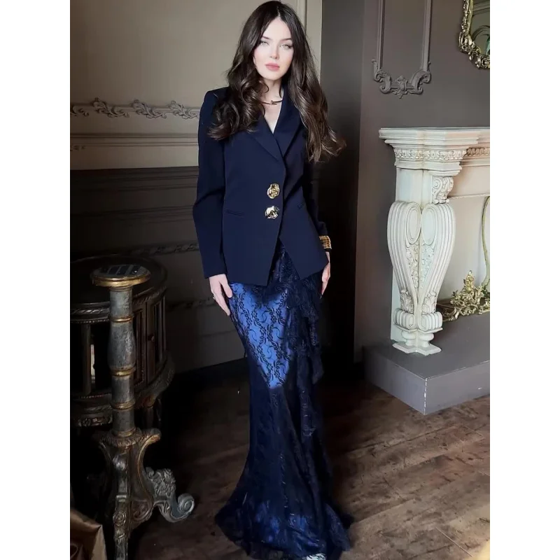 Fotografia 3: Coleção Primavera 2026: Conjunto de Saia e Blazer Feminino Elegante de Manga Longa com Cintura Marcada - Moda Executiva de Alta Qualidade