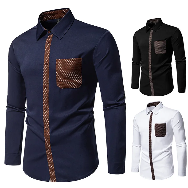 Men's Shirt Triangular Collar Fashion Contrasting Color Long-sleeved Shirt Color Matching Fashion Youth Tide