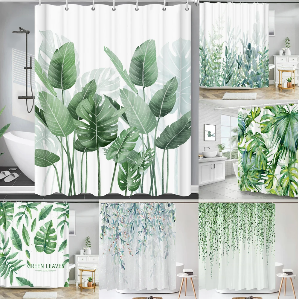 High Quality Green Plant leaves Fabric Shower Curtain Waterproof Monstera leaf Bath Curtains for Bathroom Decor with Hooks