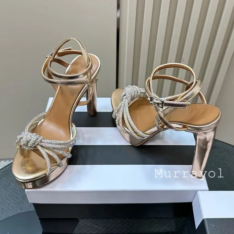 جديد حجر الراين ديكور منصة مقاومة للماء Sandalias النساء جلد طبيعي هايت الكعب الصنادل الصيف فستان الحفلات أحذية مضخات