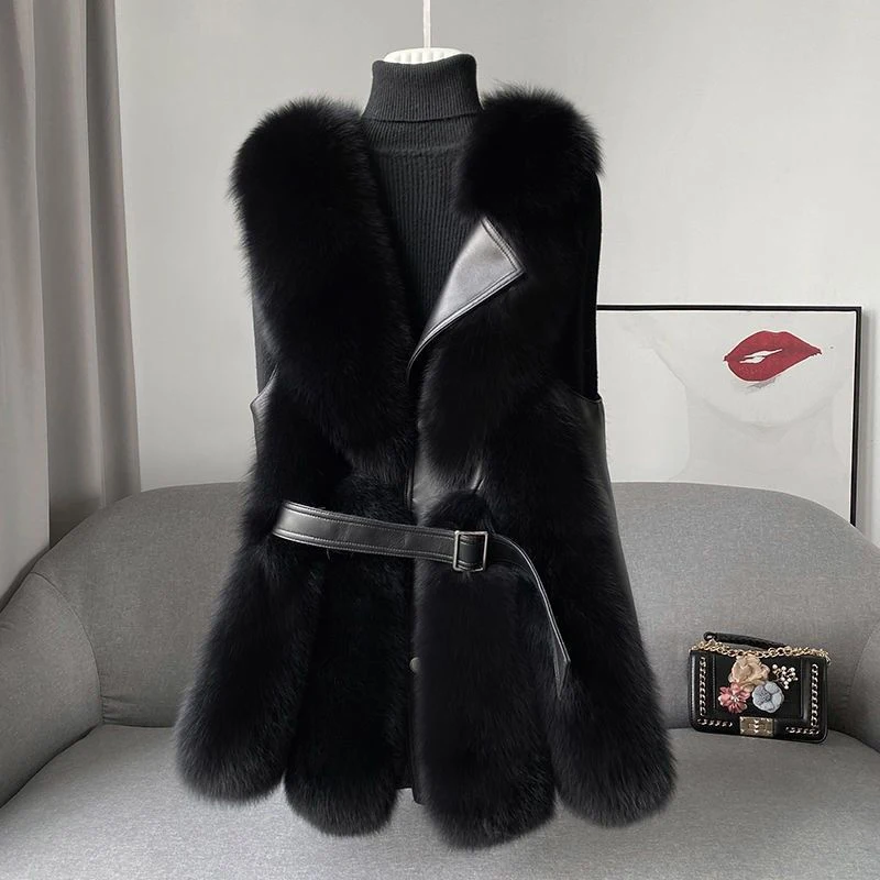 Faux Fur Vest Coat Women's Lapel Sleeveless Buckle Slim Fit Teddy Coat 2023 Autumn High Street Plush Fur One Piece Jacket