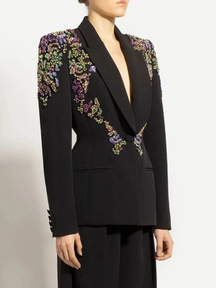 Seksowna marynarka damska z dekoltem w serek, luksusowymi cekinami i koralikami, dopasowana, czarna, z długimi rękawami, zapinana na jeden guzik, elegancka odzież wierzchnia na wieczorne przyjęcia.