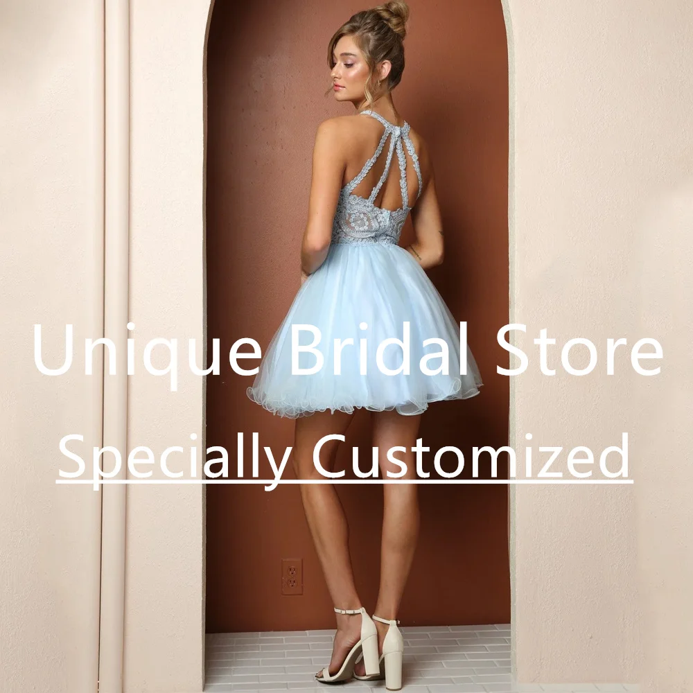 Customized Exquisite Evening Cocktail Dresses A-line Pretty Appliques High Neck Tulle Sleeveless Backless Short New Party Prom G
