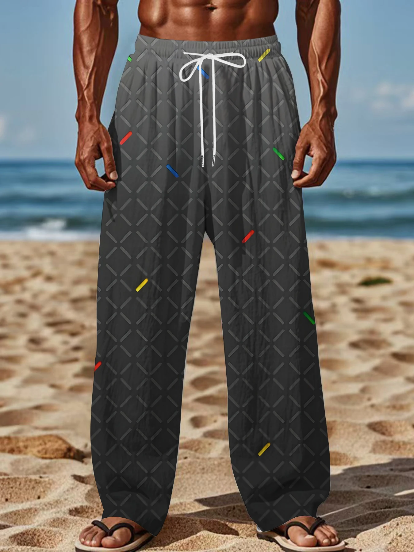 

2026 Men's Printed Straight Leg Pants Abstract Wave Pattern Drawstring Waist Loose Fit Summer Beach Casual Lightweight Pants