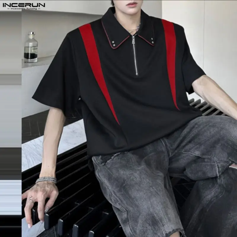 INCERUN الرجال قميص المرقعة اللون كتلة التلبيب قمصان قصيرة الأكمام الملابس الشارع الشهير فضفاض سستة الكورية نمط عارضة الذكور قمم #1