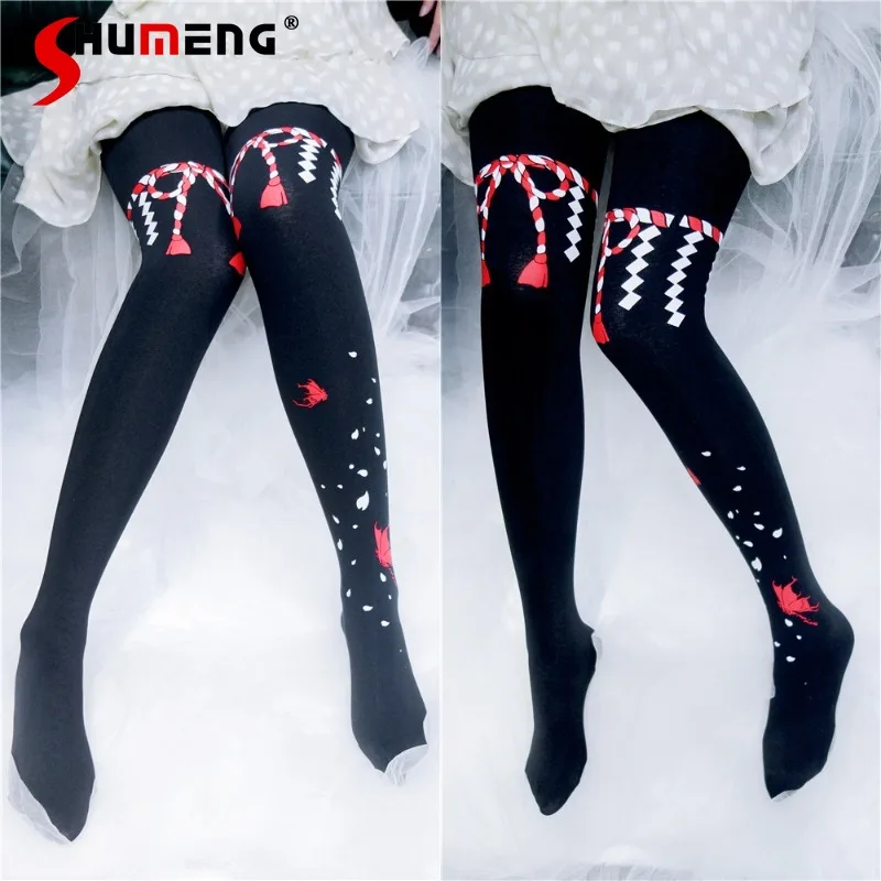 

Lolita Soft Girl Hanfu Cherry Blossom Bow Pantyhose Cosplay Hosiery Japanese Y2k Women's Socks Black White 2 Color Can Choose