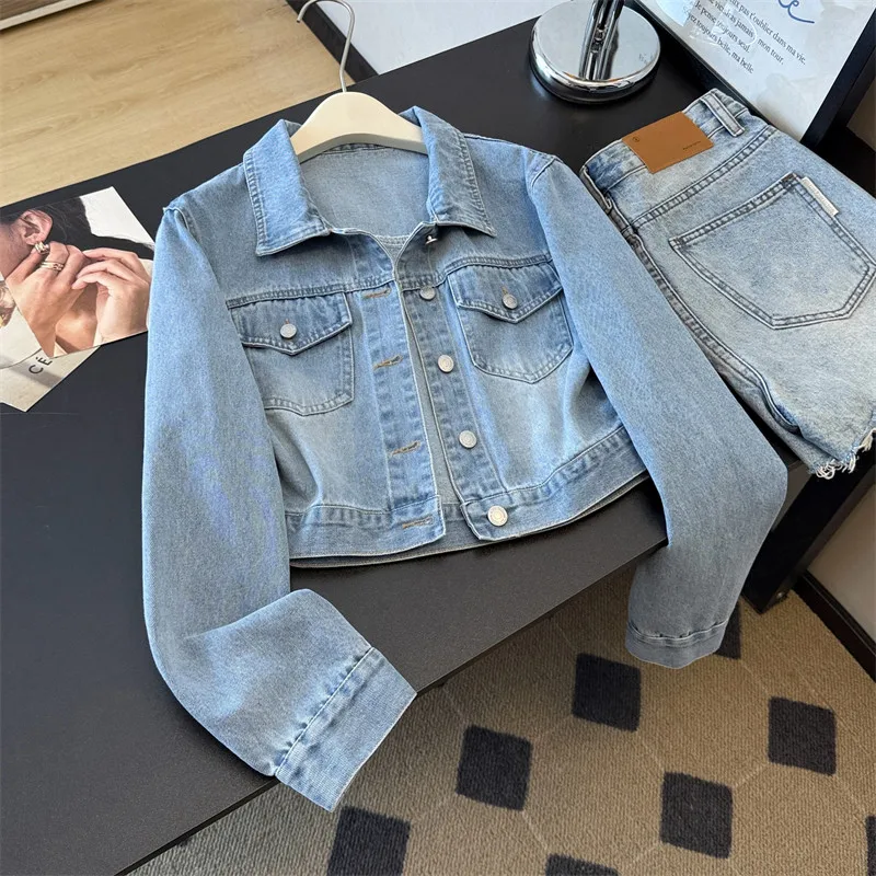 

Винтажная светло-голубая тонкая короткая джинсовая куртка женская весна-осень однотонная ковбойская верхняя одежда джинсовая куртка с длинными рукавами с лацканами пальто