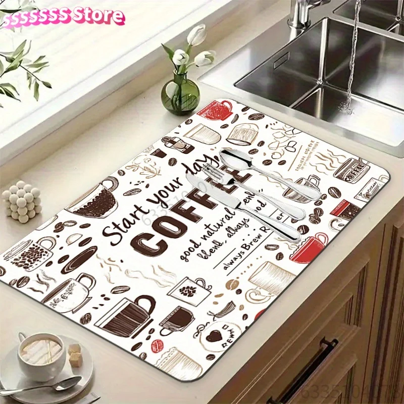 Vitality Coffee Element Quick-Dry Non-Slip Coffee Mat - Polyester Diatomite Material, Countertop Protective Film, with Creative