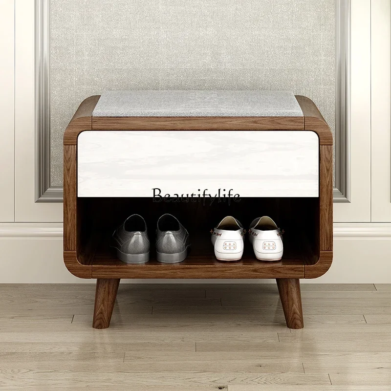 

05-ls 18Solid Wood Shoe Changing Bench with Lacquer Finish for Home Entrance, Integrated Shoe Cabinet and Sitting Bench