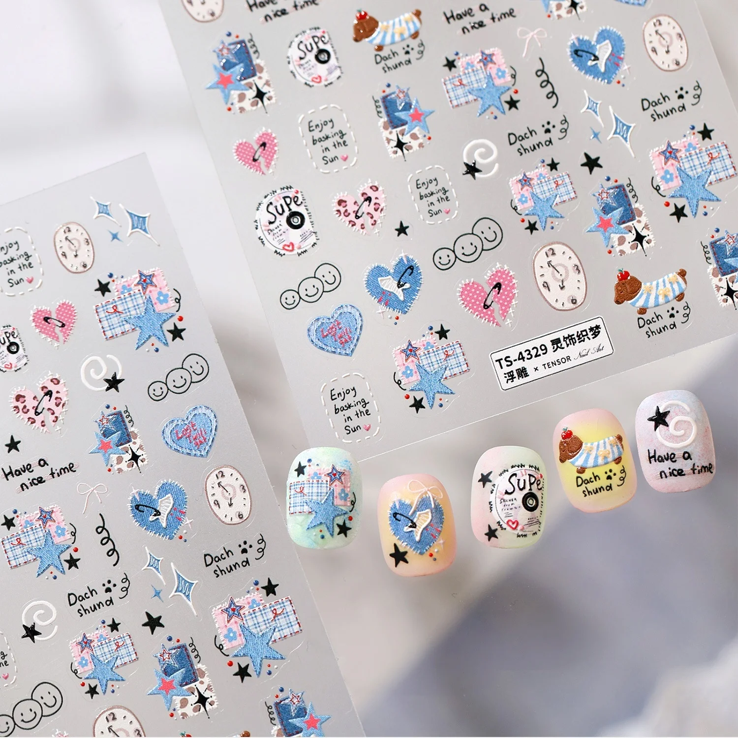 Cute Retro Blue Dachshund Dog Plaid Star Heart Clock Puppy 5D Nail Art Stickers Self‑Adhesive Decals Manicure For Women Girls