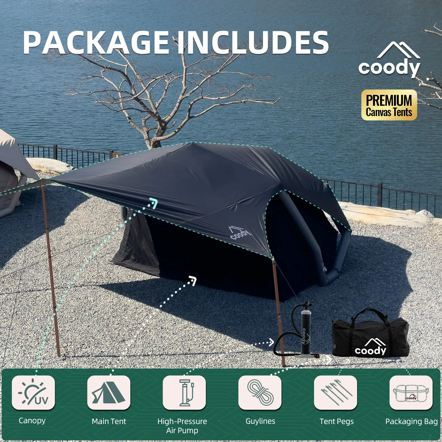 

Havena Air Tent-Black Portable Glamping Luxury Party Unique Outdoor Canvas Tent Family Camping Inflatable Camping Tent