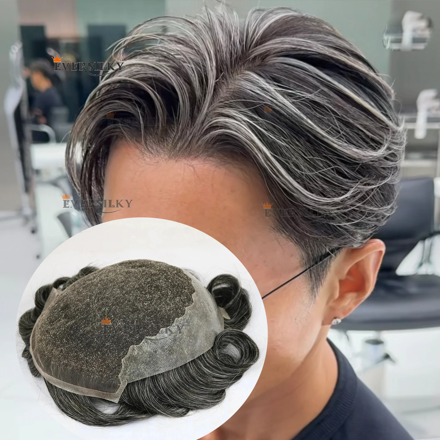 

Invisible Bleached Knots Durable Q6 Grey Black 1b50 1b80 Blond Brown Breathable Lace&PU Base Human Hair Mens Wig Toupee For Men