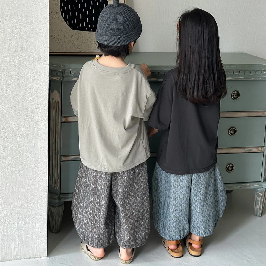Pants 2026 Spring and Summer New Childrens Clothing Korean Boys and Girls Mori Department Retro Broken Flower Nine Minutes Pants