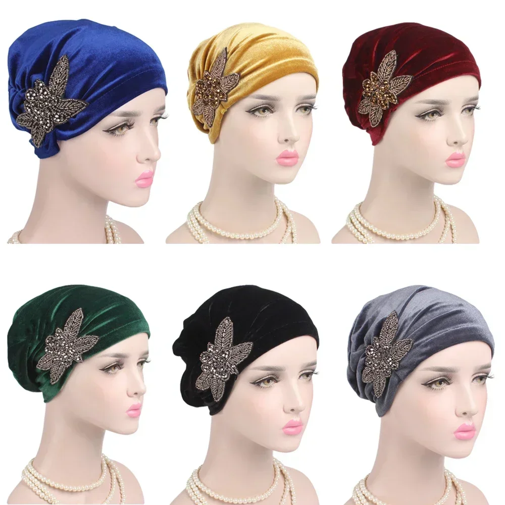 India Velvet Cap Women Muslim Beanie Bonnet Turban Chemo Cap Beads Flower Headscarf Hair Loss Headwrap Cancer Hat Islam Headwear