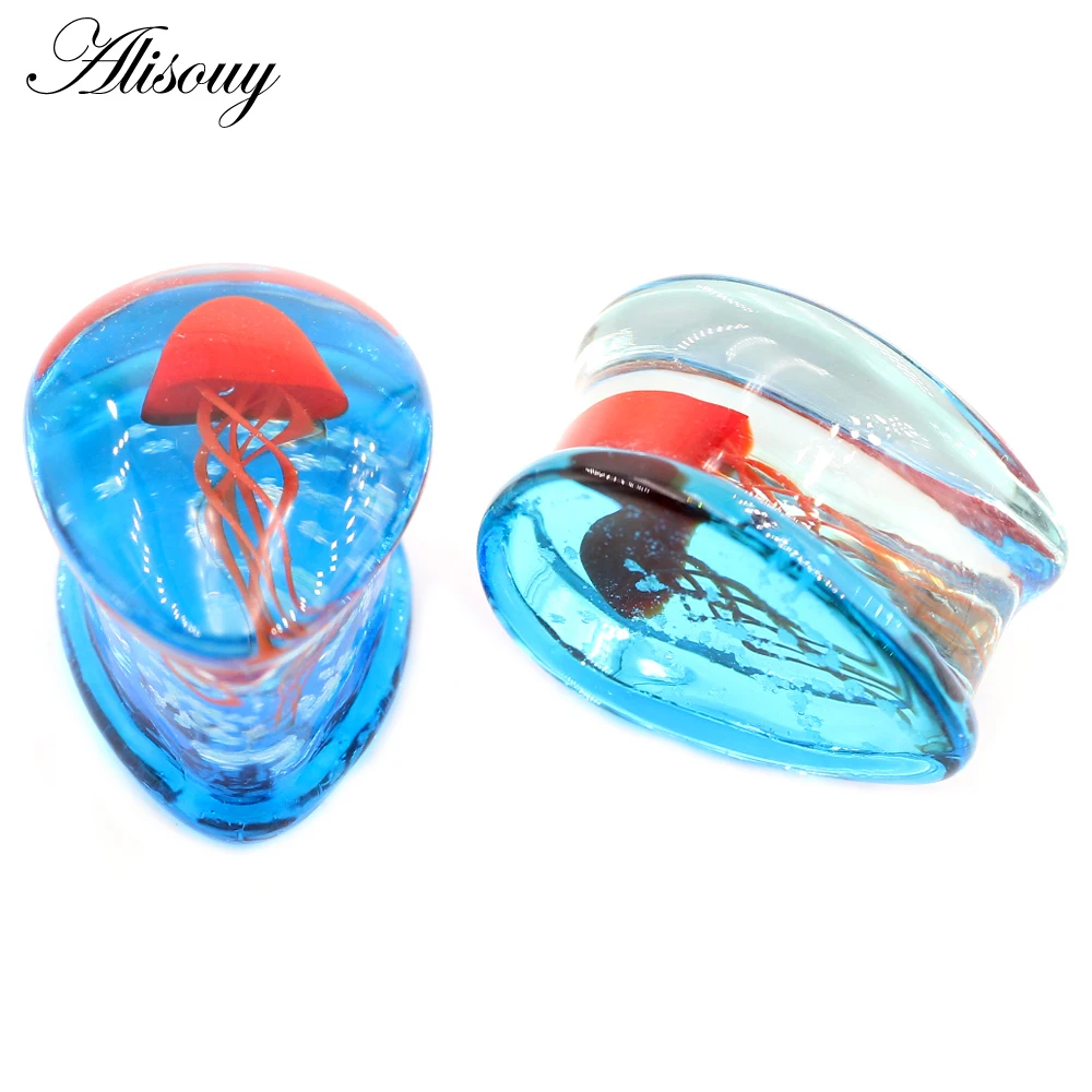 Alisouy 1PC Glass Galactic Orange Jellyfish Water Drop Ear Tunnel Plug Expanders Stretcher Gauges Earrings Piercing Body Jewelry