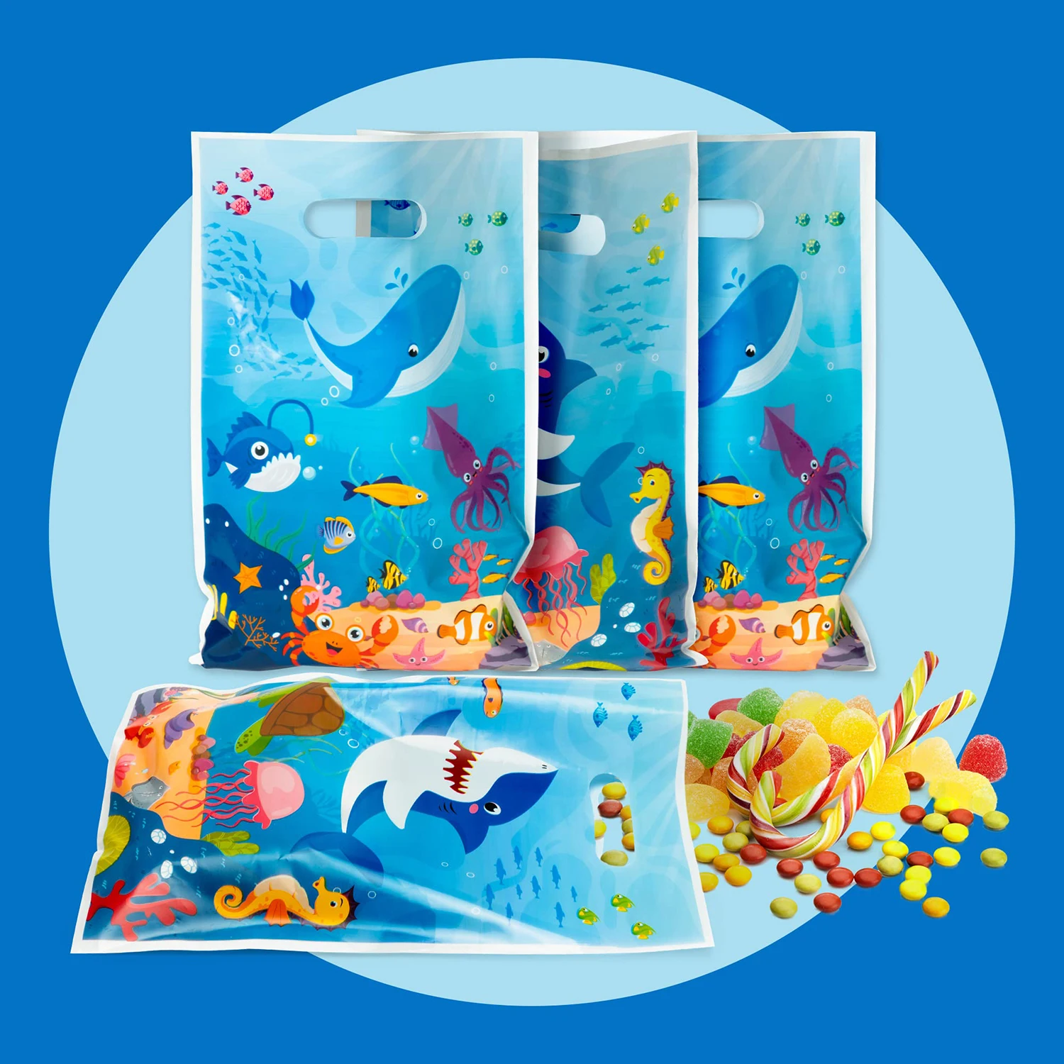 50Pcs Animal in the Sea Party Favor Bag Marine Life Ocean Themed Goodie Bag with Die Cut Handle Whale Shark Gift Bags Birthday