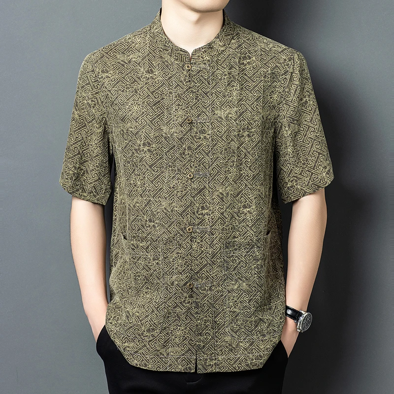 High-End Tang Costume Shirts For Men Real Silk 100% Short Sleeve Summer Quality Lightweight Coolness Loose Fit Camisas De Hombre