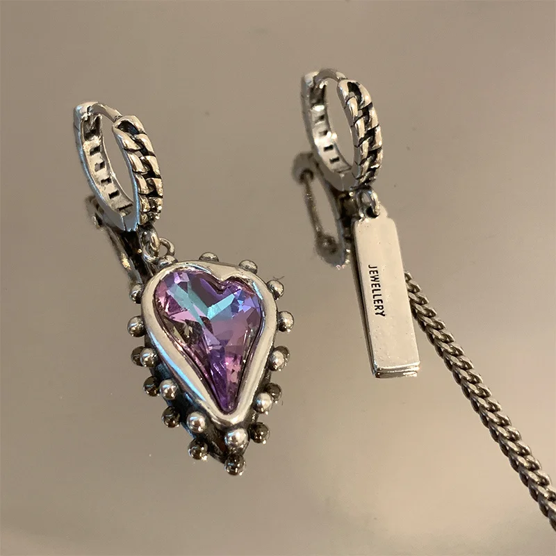 2023 Vintage Purple Crystal Heart Ssymmetrical Drop Dangle Hoop Earrings For Women Girl Fashion Jewelry Gift Party серьги