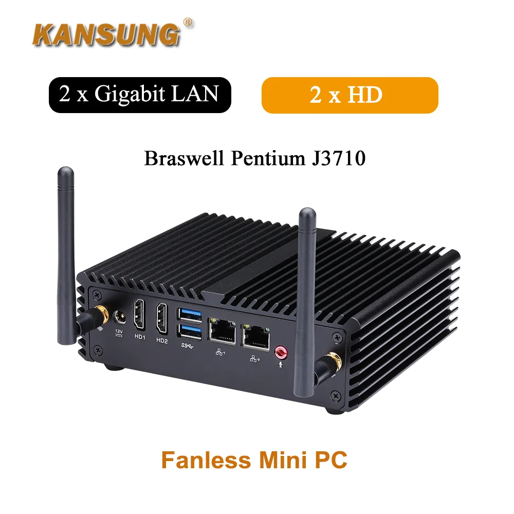 저전력 소비 2 LAN 2 HD 인텔 펜티엄 J3710 브라스웰 쿼드 코어 프로세서, 팬리스 12V X86 싱글 보드 넷톱 미니 PC