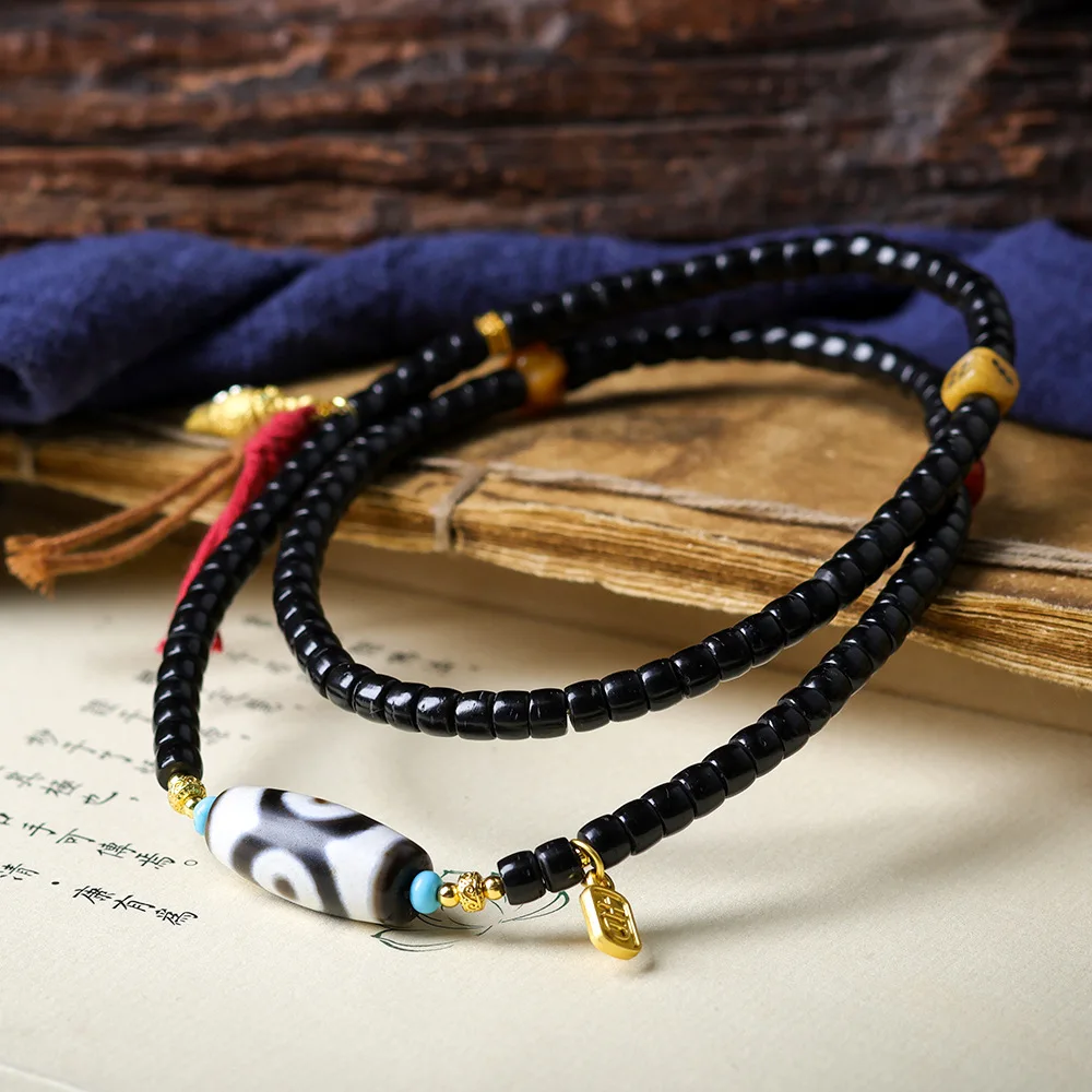 Hand-Woven Coconut Tee Barrel Bead Triple Loop Bracelet Original Cultural Games Three Eyes Dzi Bead Strings Collarbone