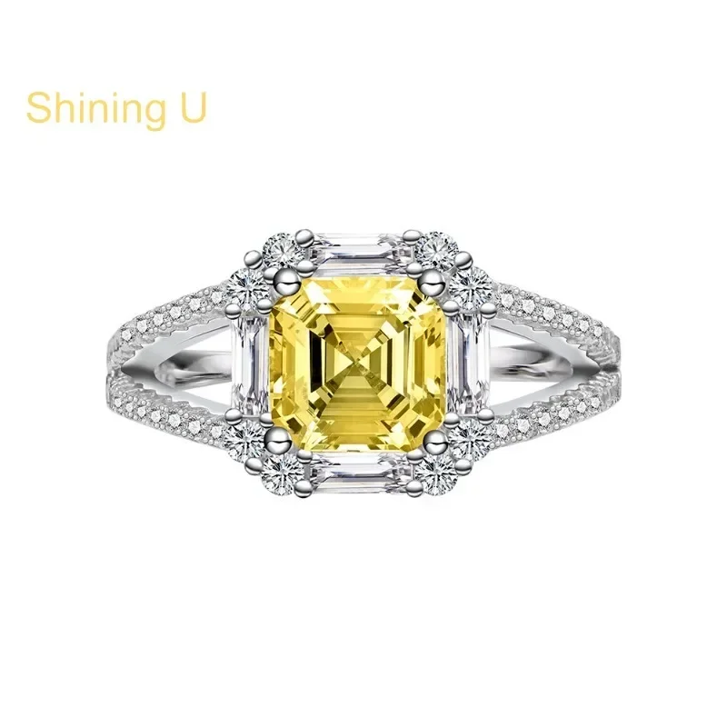 Shining U S925 Silver 7*7mm High Carbon Daimond Yellow Gems Jewelry Set Necklace Ring for Women Fine Jewelry Party