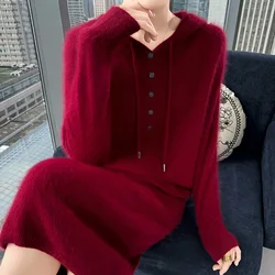 Nuovo abito da donna in Cashmere con scollo a V manica lunga in maglia moda elegante maglione lungo Pullover tinta unita donna 100% abito in lana