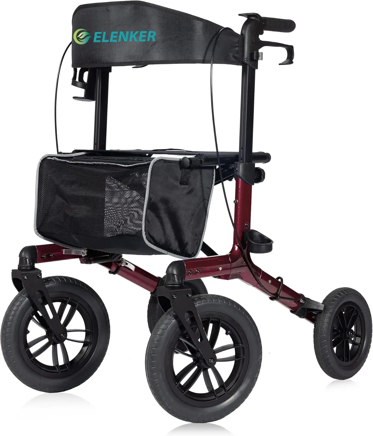 All-Terrain Rollator Walker with Non-Pneumatic Tire 12” Front Rubber Wheels, Compact Folding Design for Seniors, Red