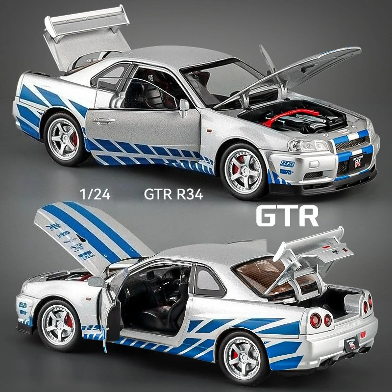 

1:24 GTR R34 Sports Car Simulation Diecast Metal Alloy Model car Sound Light Pull Back Collection Kids Toy Gifts