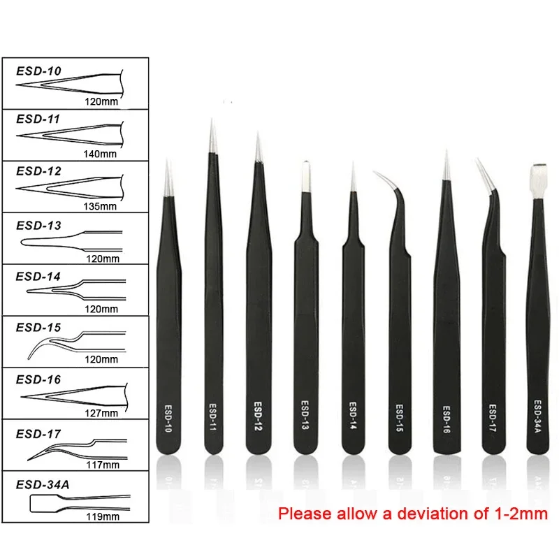 ESD Precision Industrial Tweezers Anti-static magnetic Stainless Steel Tweezers Set for Electronics Soldering Repair Tools