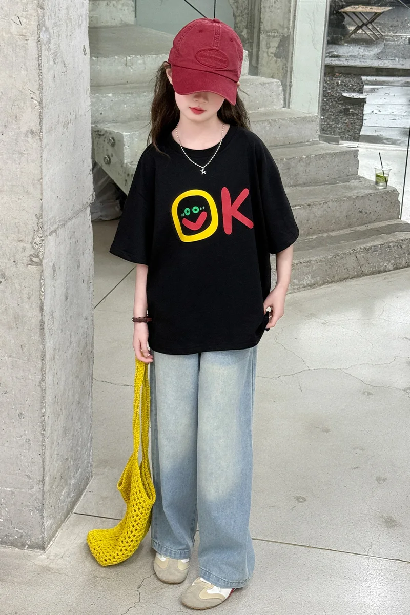 Mädchen T-Shirt Sommer 2026 Schwarz Bedruckt Kurzarm-Oberteil und Weite Jeans Zweiteiliges Set Süße Lässige Kinderkleidung – Detail 7