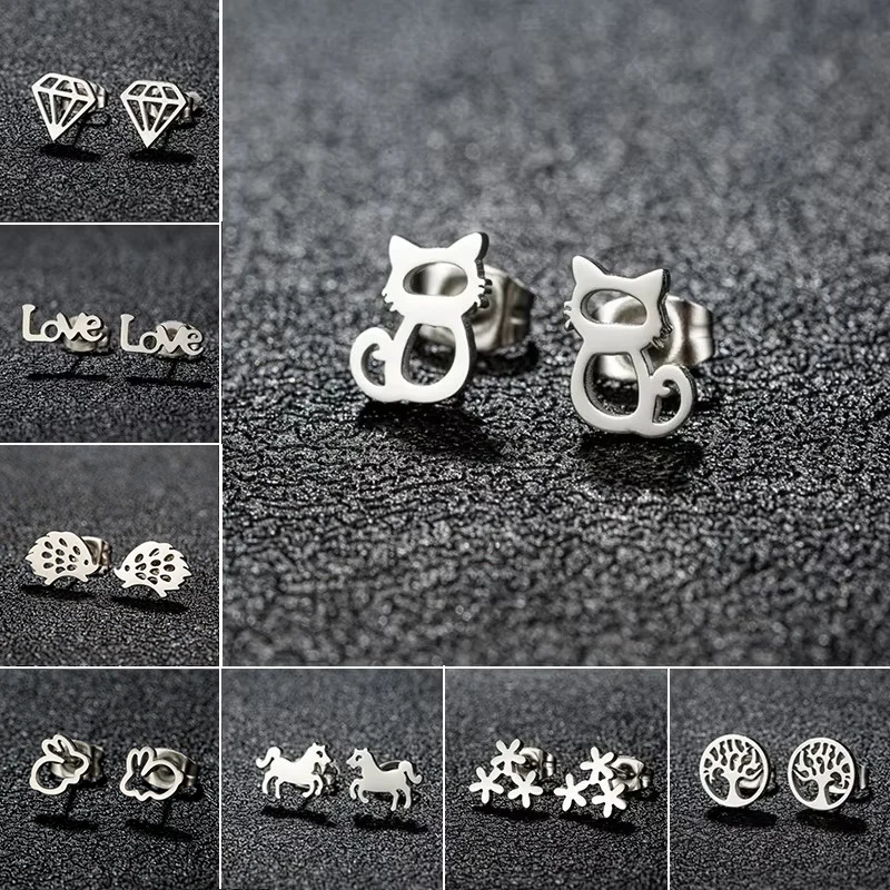 Stainless Steel Mini Stud Earrings Women Fashion Hedgehog Horse Rabbit Kitty Earings for Girls Vintage Tree of Life Ear Studs