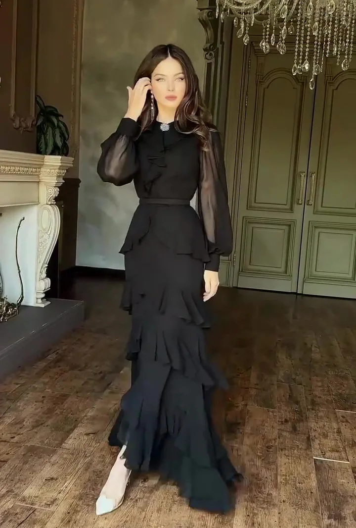 Elegant Solid Layered Ruffle Long Dress Women O Neck Long Sleeve Belt Chiffon Maxi Dress Autumn Wedding Guest Evening Party Robe